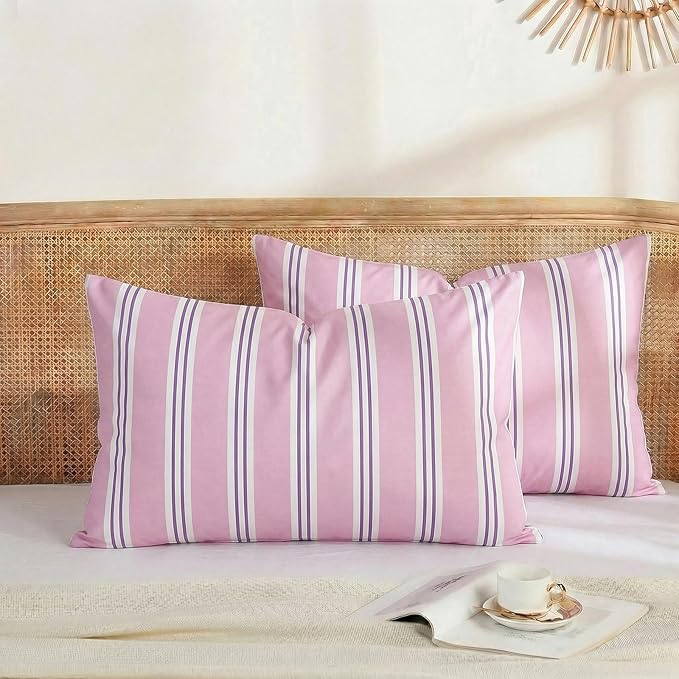 Merryword Standard Size Pillowcases, 100% Cotton Pillow Cases, Purple Striped Pillowcases, Soft Breathable Ribbon Stripe Pillow Covers, Set of 2