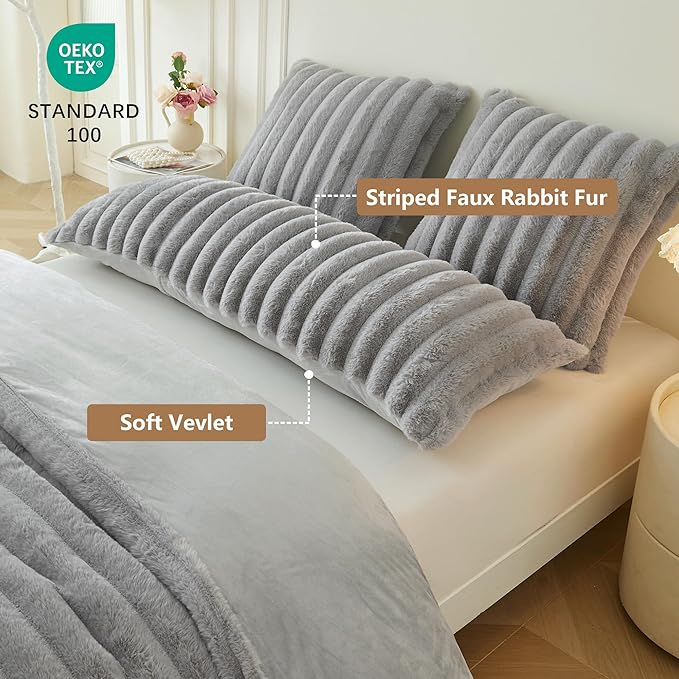 MEGO Fluffy Faux Rabbit Fur Body Pillow Cover, Cozy Plush Fuzzy Wide Striped 20x54 Body Pillowcase with Zipper, Home Decorative Shaggy Furry Ribbed Bedroom Long Pillow Cover Bed Couch Sofa, Light Grey