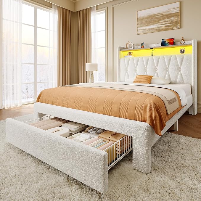 Rolanstar Twin Bed Frame with Drawer, Storage Headboard with Charging Station and LED Lights, Upholstered Bed with Heavy Duty Wood Slats, No Box Spring Needed, Noise Free, Easy Assembly, Beige