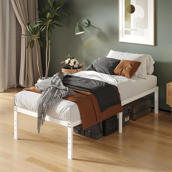 Upcanso 16 Inch White Twin XL Bed Frames, Metal Platform Twin XL Bed Frame with High Storage, Eassy Assembly 2,500 lbs Heavy Duty Bedframes
