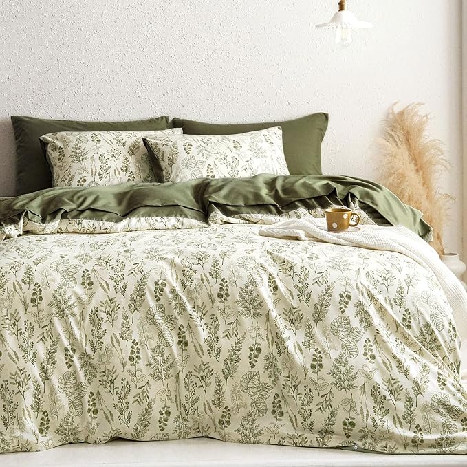 Wake In Cloud - Floral Duvet Cover Set, Botanical Vintage Flower Coquette Cottagecore Aesthetic for Women Teen Girls, Soft Lightweight Bedding, 3-Piece, Olive Green, Queen Size