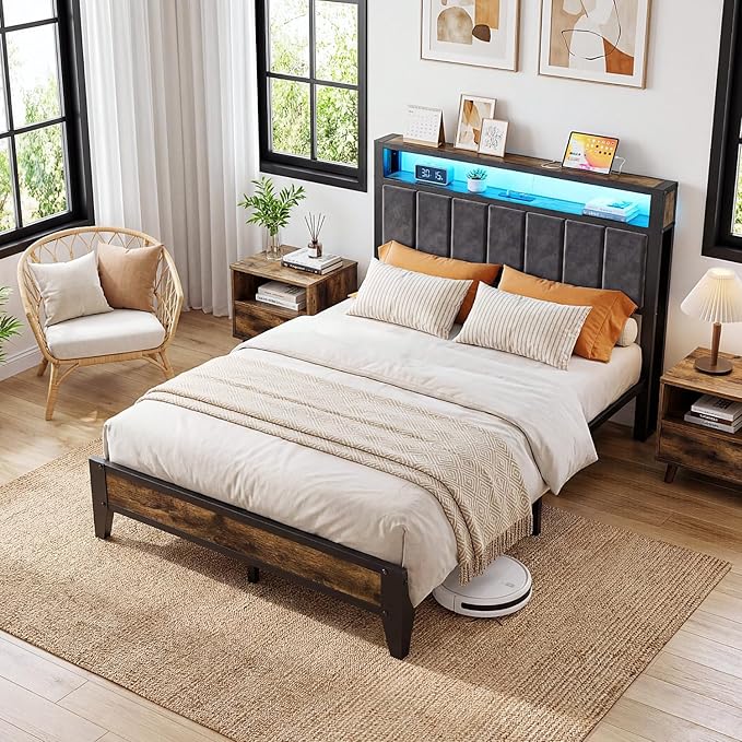 OLEVS Full Bed Frame with Headboard, Metal Platform Bed Full Size with 2-Tier Storage, LED Light & Charging Station Type C, No Box Spring Needed