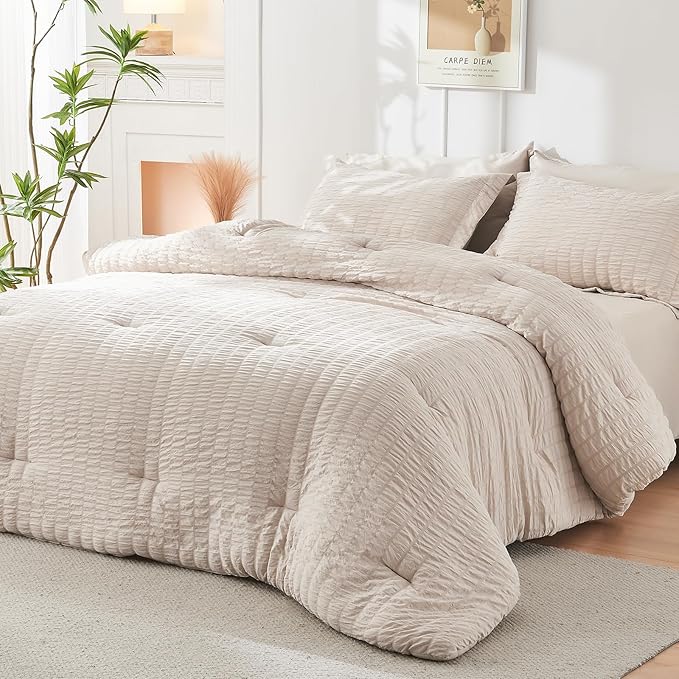 HYMOKEGE Beige Twin Comforter Set Seersucker 5 Pieces, All Season Luxury Bed in a Bag for Bedroom, Bedding Set with Comforters, Sheets, Pillowcase & Sham