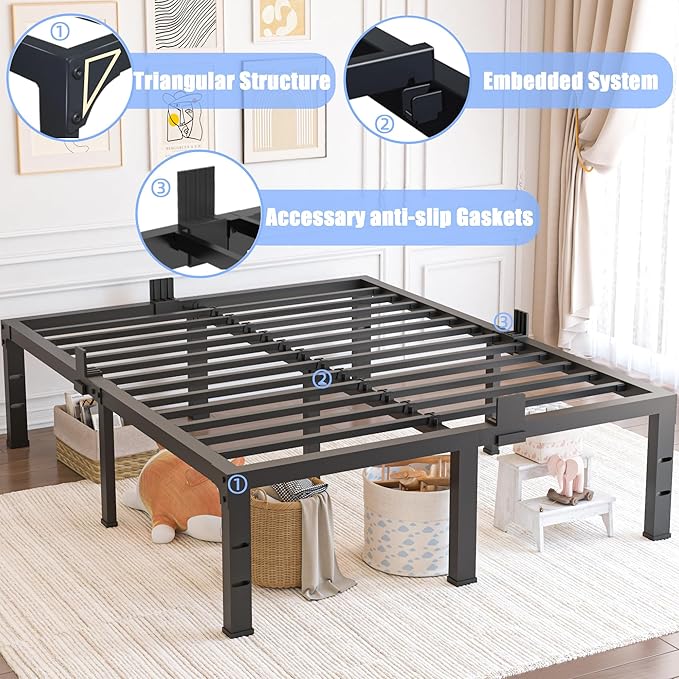 Yitong Angel Queen Size Bed Frames 18 inch High 3500 lbs Heavy Duty Metal Platform, Mattress Foundation with Steel Slat Support/No Box Spring Needed/Noise Free/Non-Slip/Easy Assembly