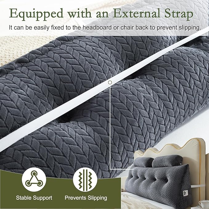 YOUR MOON Wedge Headboard Pillow Queen Size, Triangular Wedge Backrest Pillow with 1 Pack Neck Roll Pillows, Headboard Pillow for Bed,Daybed,and Lounging, Large Bed Bolster Pillows,Dark Gray