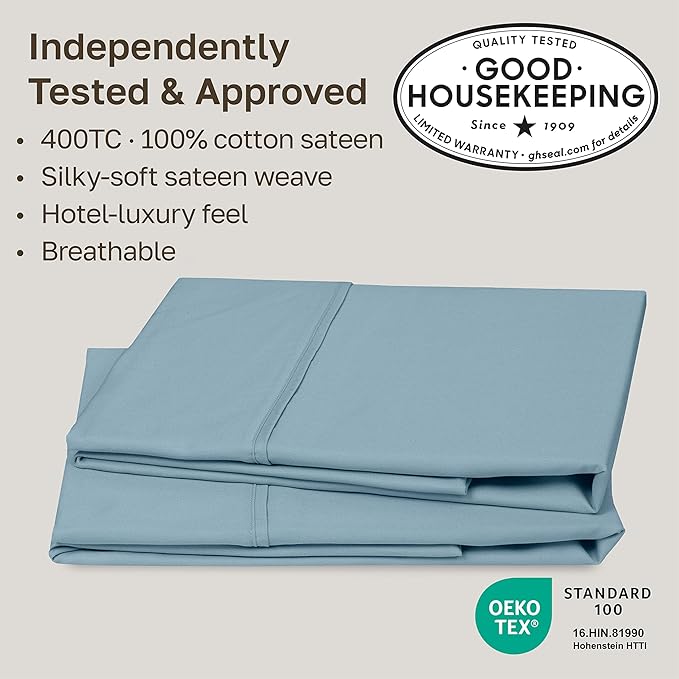 California Design Den Standard Queen Size Pillowcase Set - 400 Thread Count, 100% Cotton Sateen, Set of 2 Pillow Covers, Soft and Breathable - Sky Blue