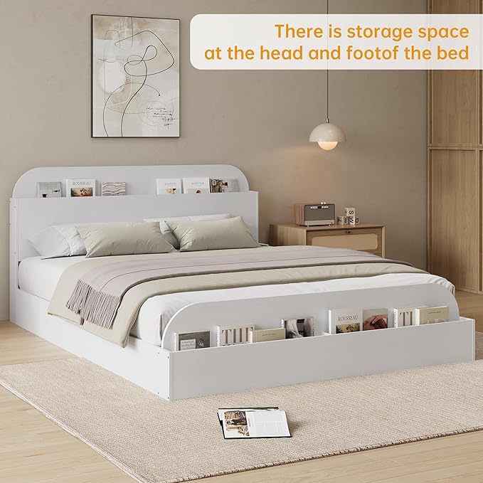 Garvee Queen Size Bed Frame with Storage Headboard and Raised Footboard – Wooden Queen-Floor Low Platform Bed for Bedroom, Heavy Duty & Noise Free, No Box Spring Needed, White