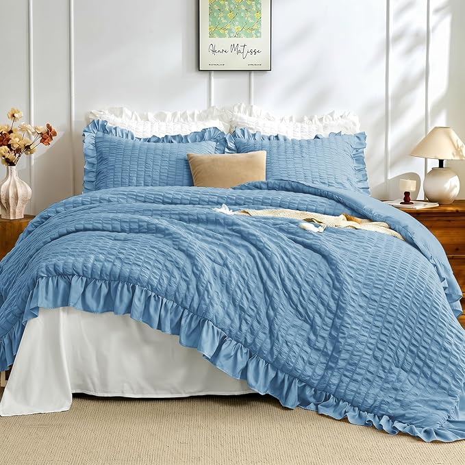 JOLLYVOGUE Queen Comforter Set, 3 Pieces Sea Blue Seersucker Comforters Queen Size, Lightweight & Fluffy Bedding Sets for All Season with 1 Ruffle Comforter and 2 Ruffle Pillowshams