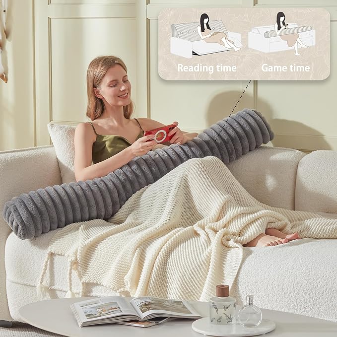 Headboard Pillow + A Long Neck Roll Pillow Body Pillow，Faux Fur Headboard Wedge Pillow with Removable Cover (Gray, King：76x8x20 inches)