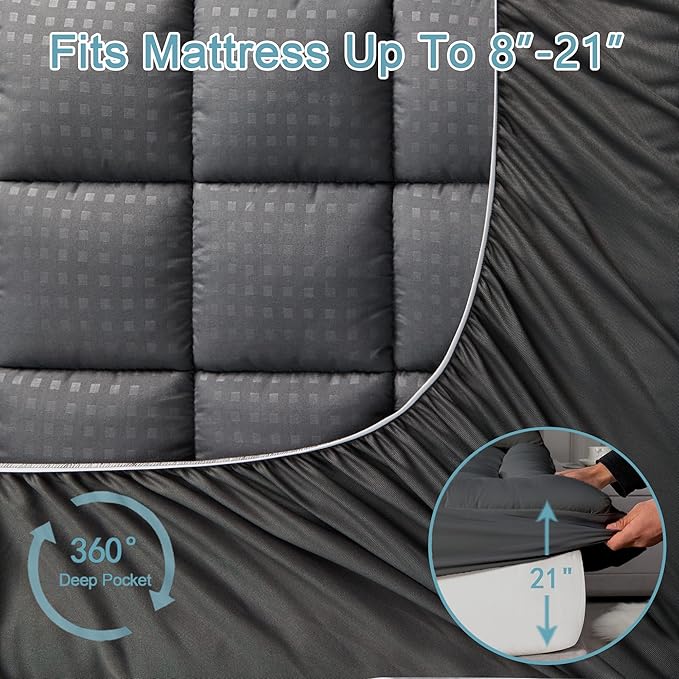 HYLEORY California King Mattress Pad Quilted Fitted Mattress Protector Cooling Pillow Top Mattress Cover Breathable Fluffy Soft Mattress Topper with 8-21" Deep Pocket, Dark Grey