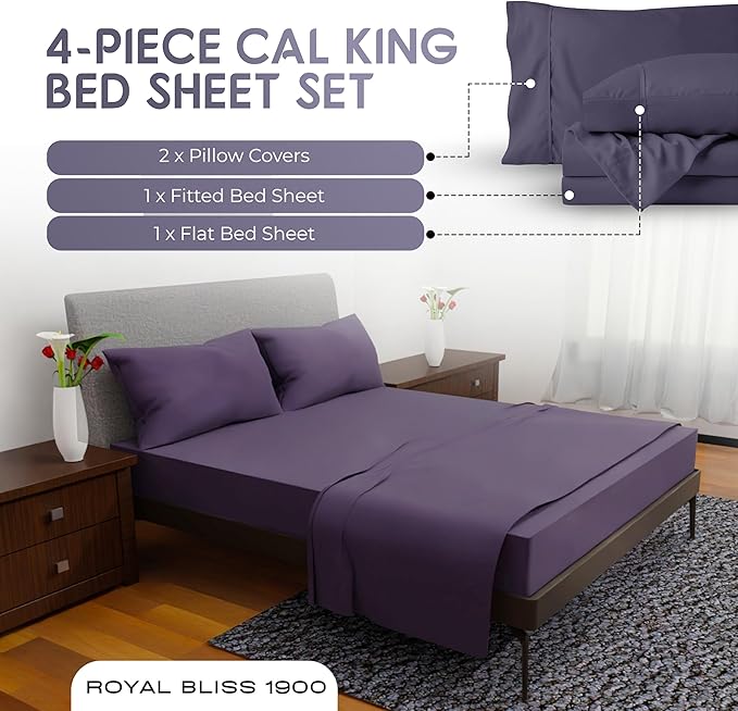 Royal Bliss California King - 4 Piece Deep Pocket Sheet Set for Adjustable Beds - Double Brushed Microfiber (Plum)