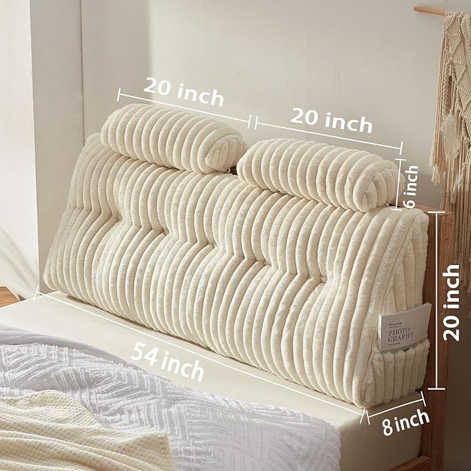Rycwola Faux Fur Headboard Pillow with 2 Pack Neck Roll Pillow Large Headboard Pillow Soft and Supportive with Removable Cover (Beige, Full)