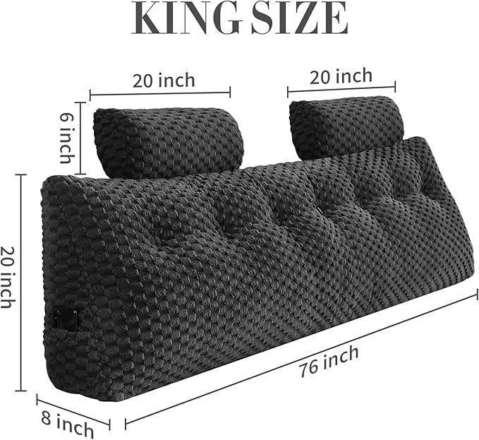 Wedge Headboard Pillow - Bed Wedge Pillow for Headboard Triangular Headboard Pillow with Neck Roll Pillow-Large Bolster Pillow for Sitting in Bed Backrest Positioning Support (Black,76x8x20 Inches)