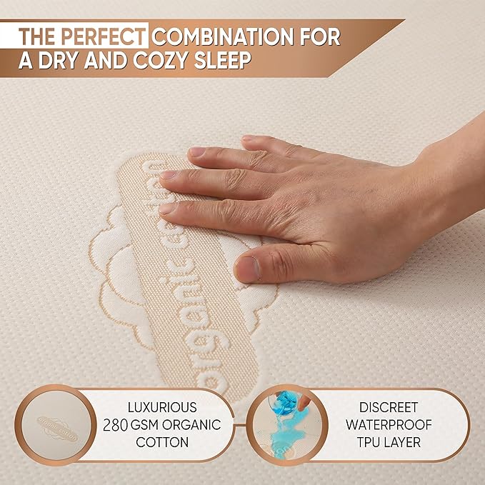 Deluxe Waterproof Organic Mattress Protector Queen Size - OCS Certified Organic Cotton, Breathable Mattress Pad Cover - Premium 280 GSM Comfort - Jersey Cotton Skirt - Deep Pocket Fitted Style
