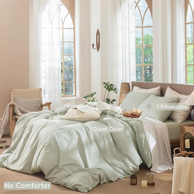 MooMee Striped Duvet Cover Set 100% Washed Cotton Linen Like Textured Breathable Durable Soft Comfy (Sage Green White Pinstripes, King 104"x90")