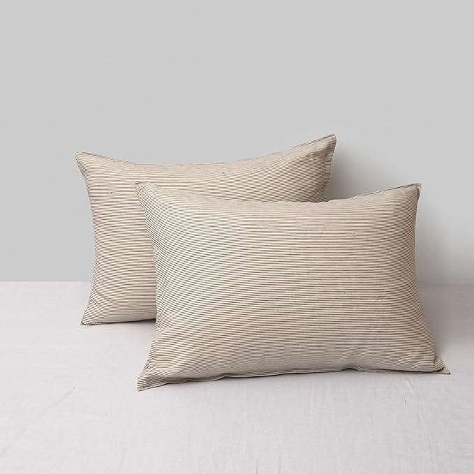 CHUFFED Linen Pillow Cases 2 Pack 100% Linen Standard Pillowcases, Breathable and Cooling Washed Pillow Shams with Zipper Closure, 20x26 Inches,Grey Stripe