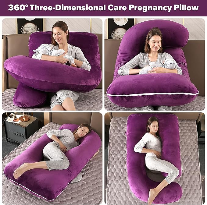 U-Shaped Full Body Pregnancy Pillow for Sleeping – 57" Maternity Pillow with Removable Cover, Support for Back, Legs, Belly & Hips (Velvet-Dark Purple)