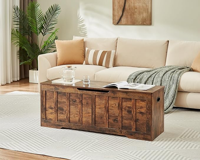 VANKILEY 51.2"Storage chest extra large,storage bench with 2 safety hinges,Shoe Bench,51.2*15.7*19.1inches,wooden trunk for bedroom,livingroom,entryway,Supports 220 lb,Easy Assembly(Rustic brown)