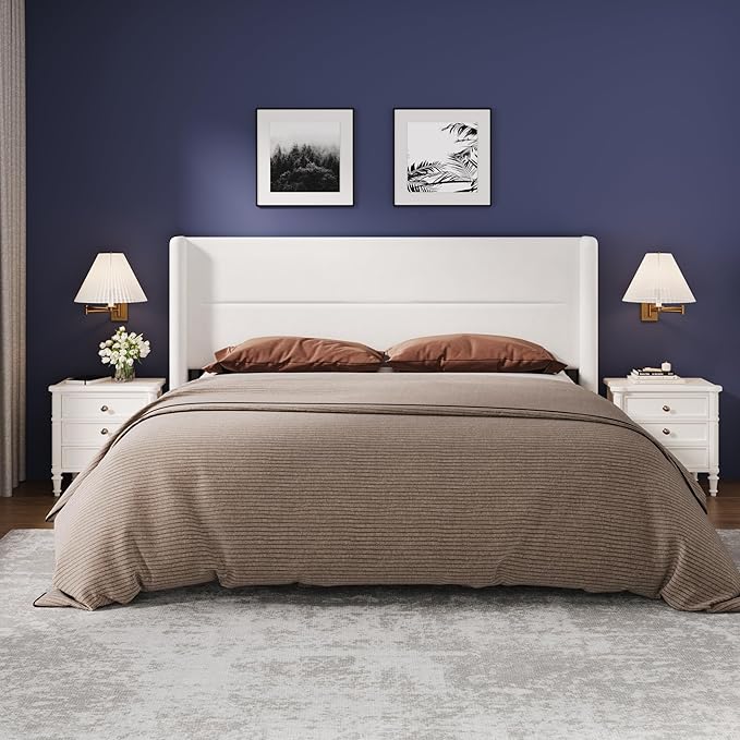 Garvee King Size Bed Frame with Wingback Headboard, Velvet Upholstered Platform Bedframe with Wood Slats, No Box Spring Needed, Easy Assembly, White