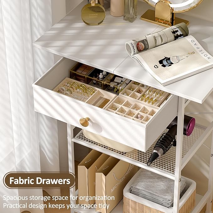 3IngSeagulls Small Vanity Desk Without Mirror, Makeup Vanity Table for Small Space, Compact White Dressing Table with Fabric Drawers, Makeup Vanity with Storage for Bedroom, White, 23.6in（W）