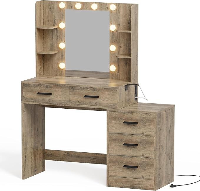 YESHOMY Makeup Vanity Desk with Mirror & Lights, Vanity Table with 5 Drawer, 6 Shelves, Charging Station for Bedroom, Dressing Room, Oak