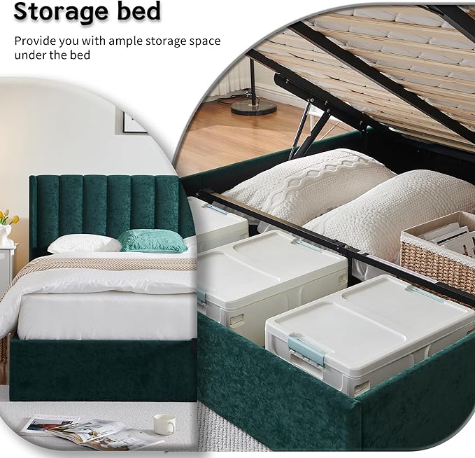 YUHUASHI Queen Size Hydraulic Storage Bed, Upholstered Platform Bed Frame, Modern Wingback Design Headboard, Velvet Fabric with Hydraulic Support Bars, No Box Spring Required (Ink Green, Queen)