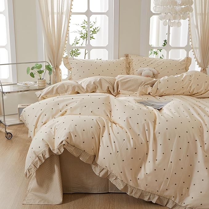 mixinni Floral Duvet Cover Set Twin Size – 100% Cotton 3-Piece Bedding Set with Ruffled Trim, Reversible Vintage Beige Gingham & Strawberry Print, Soft Aesthetic Duvet Cover with Zipper Closure