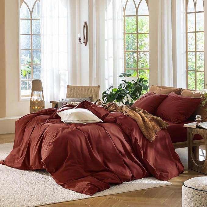MooMee Bedding Duvet Cover Set 100% Washed Cotton Linen Like Textured Breathable Durable Soft Comfy (Solid Fired Brick Red, King 104"x90")