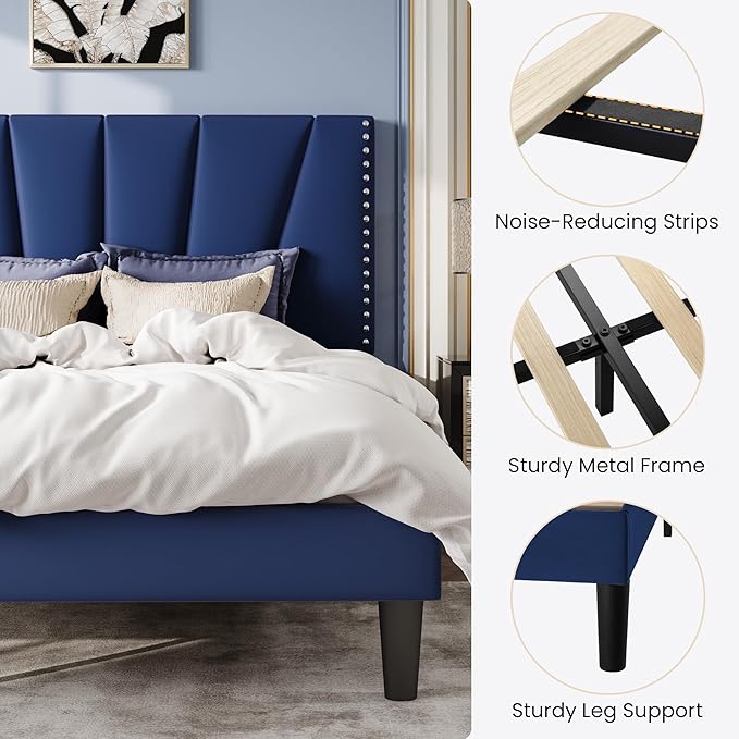 SHA CERLIN Full Size Bed Frame with Adjustable Upholstered Velvet Rivets Headboard, Sturdy Wooden Slats, Strong Platform Support for Mattress, No Box Spring Needed, Easy Assembly, Blue