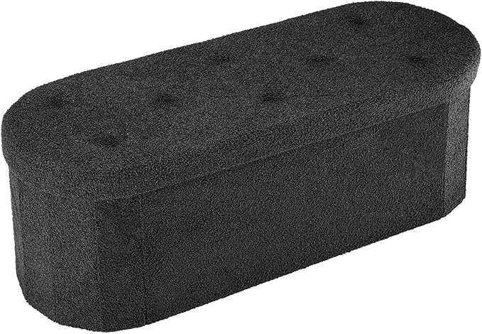 DUMOS Folding Storage Ottoman Bench, Oval Round Ottoman End of Bed Foot Rest Bench Stool with Cushion, Storage Chest for Bedroom, Living Room, Entryway, Dorm, Teddy Fabric, Black