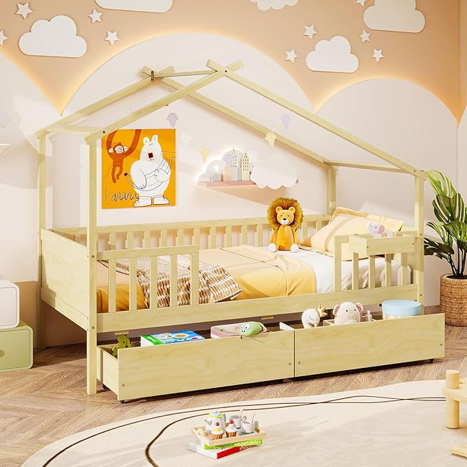 Giantex Twin House Bed with Drawers, Wooden Twin Bed Frame with Cube Storage & Fence Rails, Montessori Beds for Kids Boys, Girls, Bedroom, Living Room, No Box Spring Needed, Natural