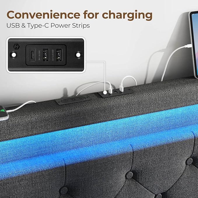 Rolanstar Full Size Bed Frame with 4 Storage Drawers and Charging Station, Full Bed with Led Lights, 2 USB & 1 Type C, Adjustable Headboard 38.9/40.9 Inches, No Box Spring Needed, Dark Gray