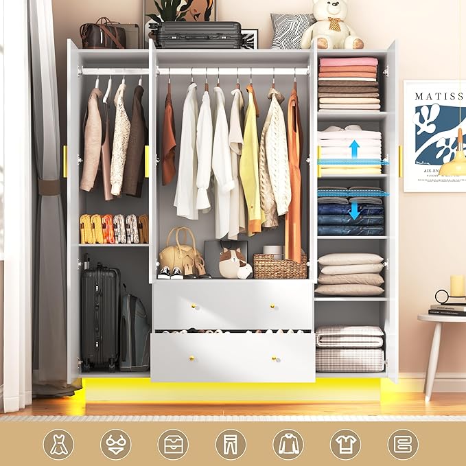 chartustriable 4 Doors Armoire Wardrobe Closet with Mirror, LED Armoire with Doors and Drawers, Wooden Wardrobe Storage Cabinet with Hanging Rod, Adjustable Shelves, White
