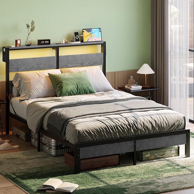 Bestier Queen Bed Frame with Headboard and Charging Station,Platform Bed Frame with LED Light, Non-Slip Metal Bed Frame, Noise-Free, Easy Assembly, Grey