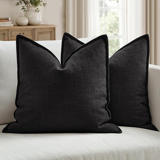 MIULEE Pack of 2 Thick Textured Couch Throw Pillow Covers, Black Decorative Pillow Covers 20x20, Neutral Linen Cushion Cases for Sofa Bed Living Room Modern Farmhouse Home Decor, No Filling