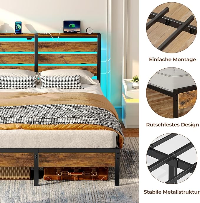 Rolanstar Bed Frame Queen Size with USB Charging Station, LED Bed Frame with Wood Storage Headboard, Rustic Brown Metal Platform Bed with Under Bed Storage, No Box Spring Needed, Noise Free