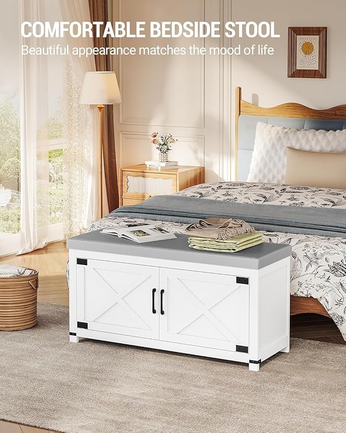 Hzuaneri Shoe Storage Bench, 2 Tier Shoe Bench with Padded Seat Cushion & 2 Barn Doors, Entryway Bench with Adjustable Shelf, Farmhouse Shoe Cabinet for Living Room, Bedroom, White SB26603GY
