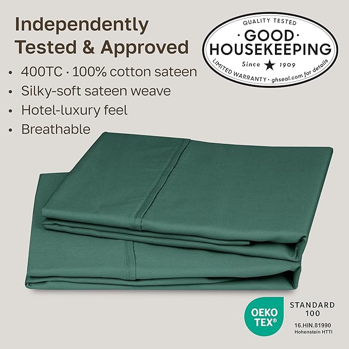 California Design Den Standard Queen Size Pillowcase Set - 400 Thread Count, 100% Cotton Sateen, Set of 2 Pillow Covers, Soft and Breathable - Hunter Green