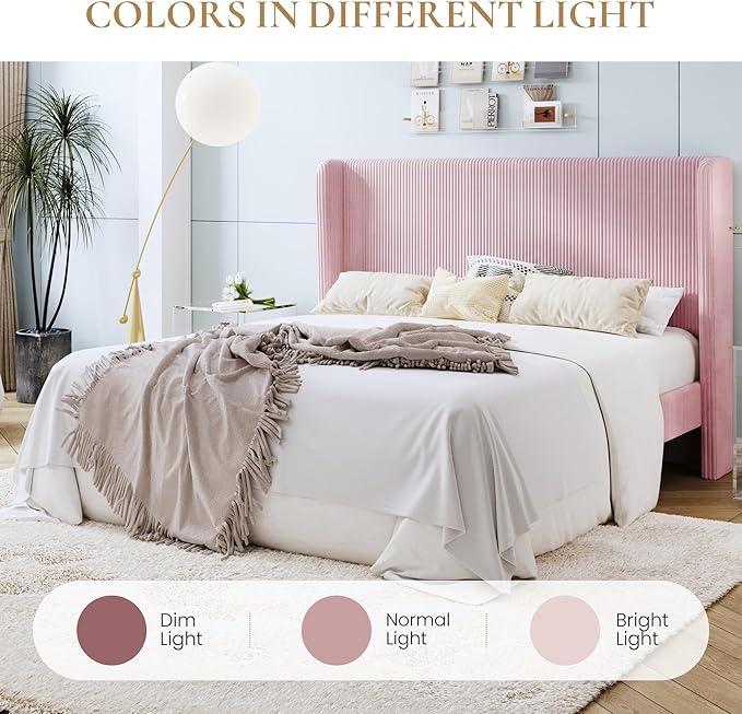 SHA CERLIN King Size Corduroy Upholstered Platform Bed Frame with Vertical Channel Tufted Wingback Headboard, 8" Under Bed Storage, Wooden Slats & Metal Frame Support, Easy Assembly, Light Pink