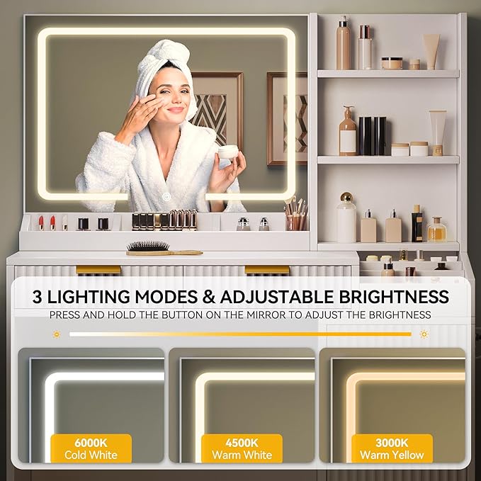 YITAHOME Large Makeup Vanity Desk with Mirror and Lights, Fluted Vanity Table with 2 Drawers & Adjustable Shelves, Makeup Mirror in 3 Modes Lighting, Dressing Table Set w/Charging Station, White