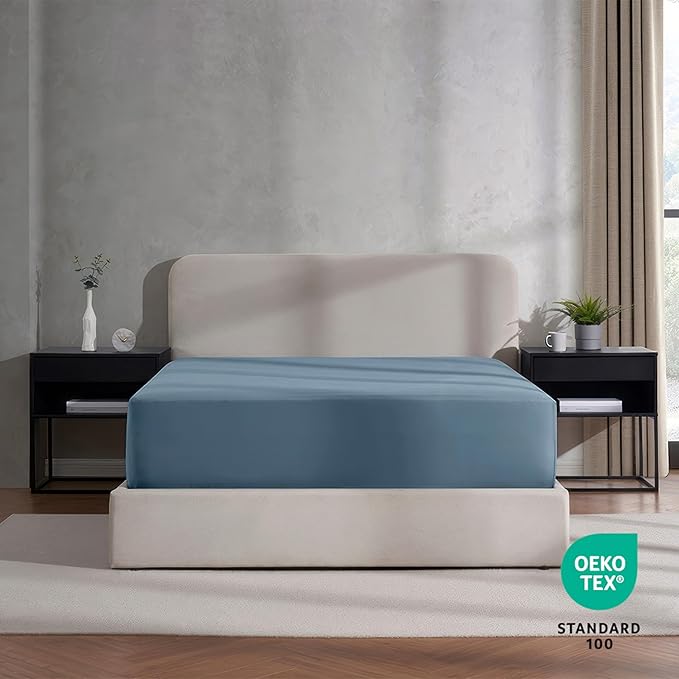 Nestl 4 Pack Stone Blue Fitted Sheet Extra Deep Pocket, Hotel Luxury QueenFitted Sheet Only Easily Fits 18 to 24 Inch Mattress, Super Soft, Wrinkle-Free and Breathable with Corner Straps