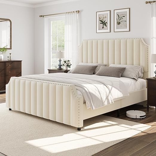 GarveeHome King Size Platform Bed Frame with 50.2 in Headboard, Velvet Upholstered Bed Frame with Vertical Channel Tufted Headboard & Footboard, Nailhead Trim, No Box Spring Needed, Cream