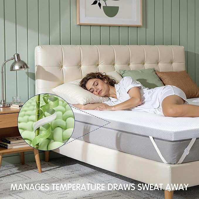Subrtex 3 Inch Mattress Topper Cover (Only Cover) Mattress Topper Protector Bedding Rayon Made from Bamboo Removable Mattress Encasement with Zippers, Twin XL