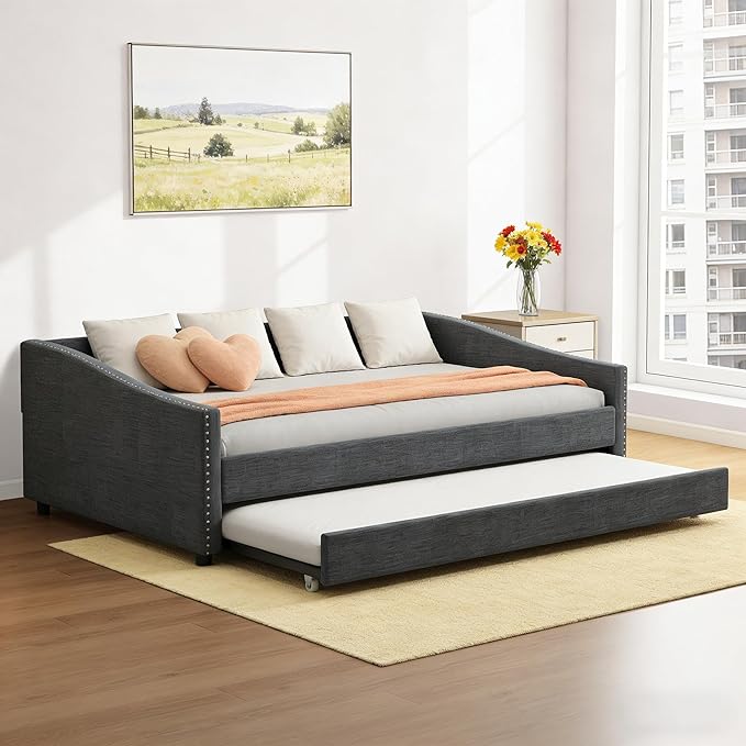 Upholstered Daybed with Trundle, Full Size Day Bed w/Button-Tufted Back and Piping on Waved-Shape Arms for Bedroom or Guest Room, No Box Spring Required, Dark Gray