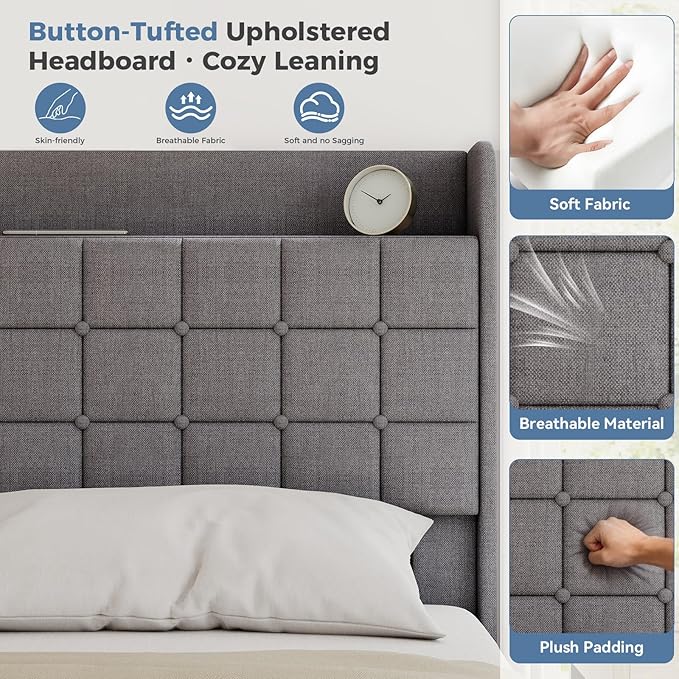 DUMOS King Size Upholstered Platform Bed Frame, King Bed with Storage Drawers and Fabric Headboard, Wooden Slats Support, 1323 lbs Weight Capacity, No Box Spring Needed, Easy Assembly, Gray