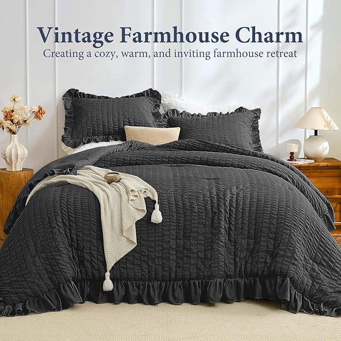 JOLLYVOGUE Black Twin Size Comforter Set, 2 Pieces Seersucker Lightweight Fluffy Bedding Set, Twin Ruffle Comforter, All Season Soft Microfiber Shabby Chic Bed Set