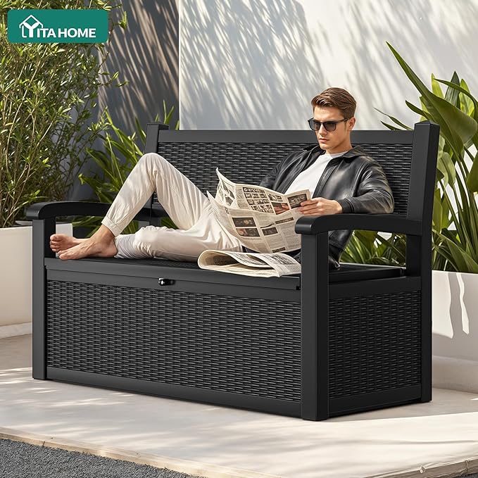 YITAHOME 70 Gallon Deck Bench with Storage, Outdoor Storage Box Bench with Armrests for Patio Garden Pool Porch, Waterproof&Lockable, Black
