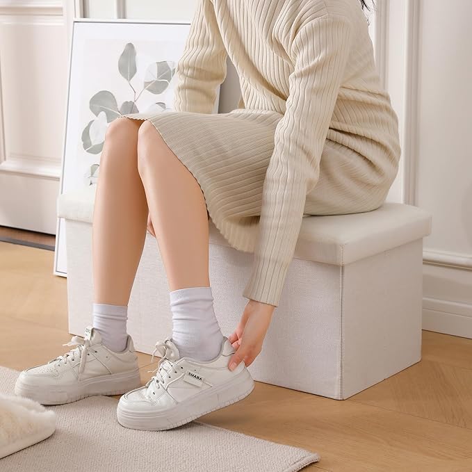 Storage Ottoman Bench Foldable Seat Footrest Shoe Bench End of Bed Storage with Flipping Lid, 75L Storage Space, 30 inches Linen Fabric White, OT026WS
