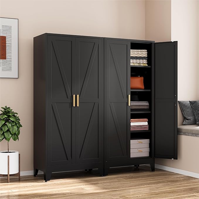 COFaR Black Metal Wardrobe Closet, Reversible 2-Section Design with Hanging Rod & Adjustable Shelves, 71" Freestanding Armoire Cabinet with Top Storage Space