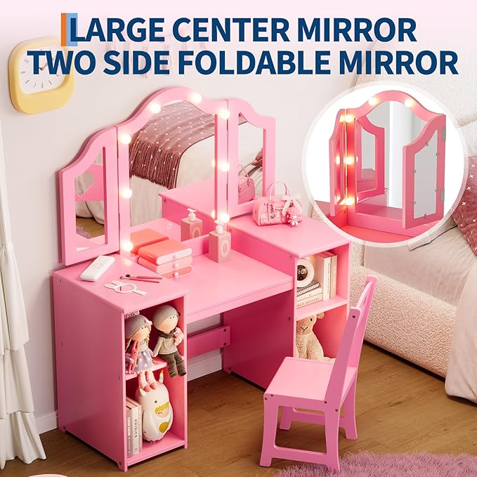 Kids Vanity Table, Princess Makeup Desk & Chair Set with touch Light Detachable Tri-Folding Mirror, Open Storage Shelves, Wooden Girls Vanity Dressing Table, Pretend Play Vanity Set for Toddler